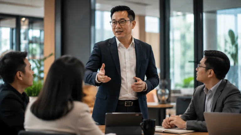 Executive presence profesional saat memimpin diskusi kerja